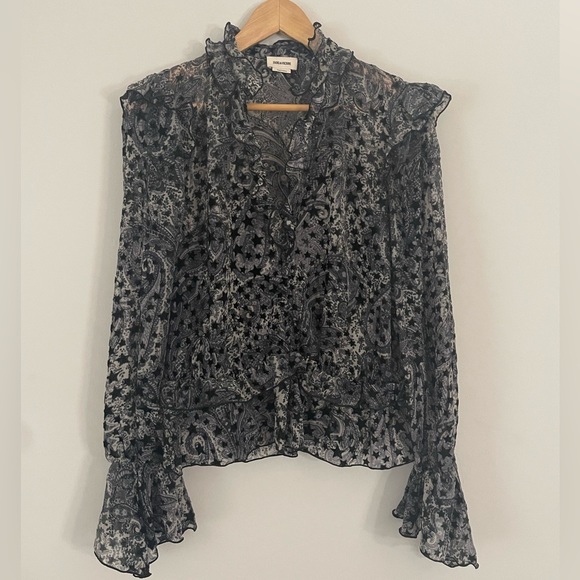 Zadig & Voltaire Tuya Star Pattern Ruffle Sleeve Blouse Top Women’s Size L Large - Picture 4 of 10